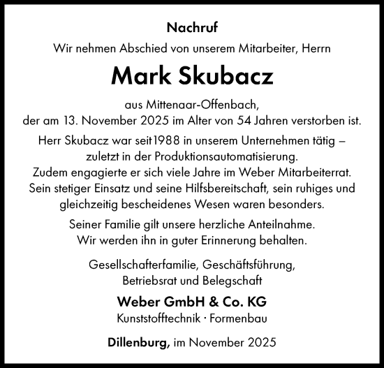 Traueranzeige von Mark Skubacz von Dill Block