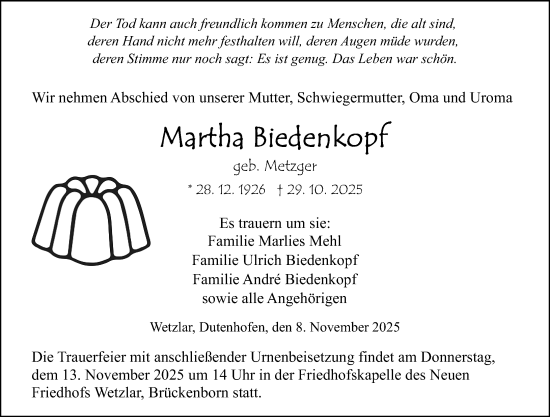 Traueranzeige von Martha Biedenkopf von Wetzlarer Neue Zeitung