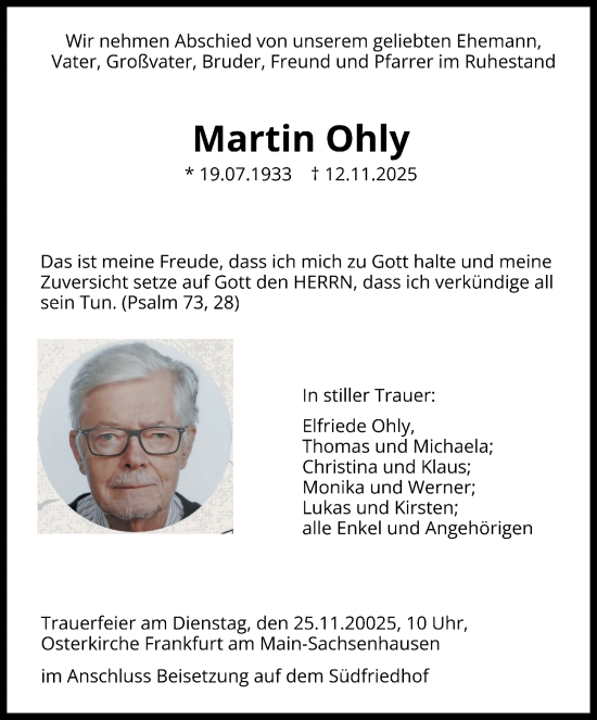 Traueranzeige von Martin Ohly von Darmstädter Echo