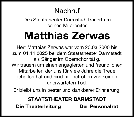 Traueranzeige von Matthias Zerwas von Darmstädter Echo