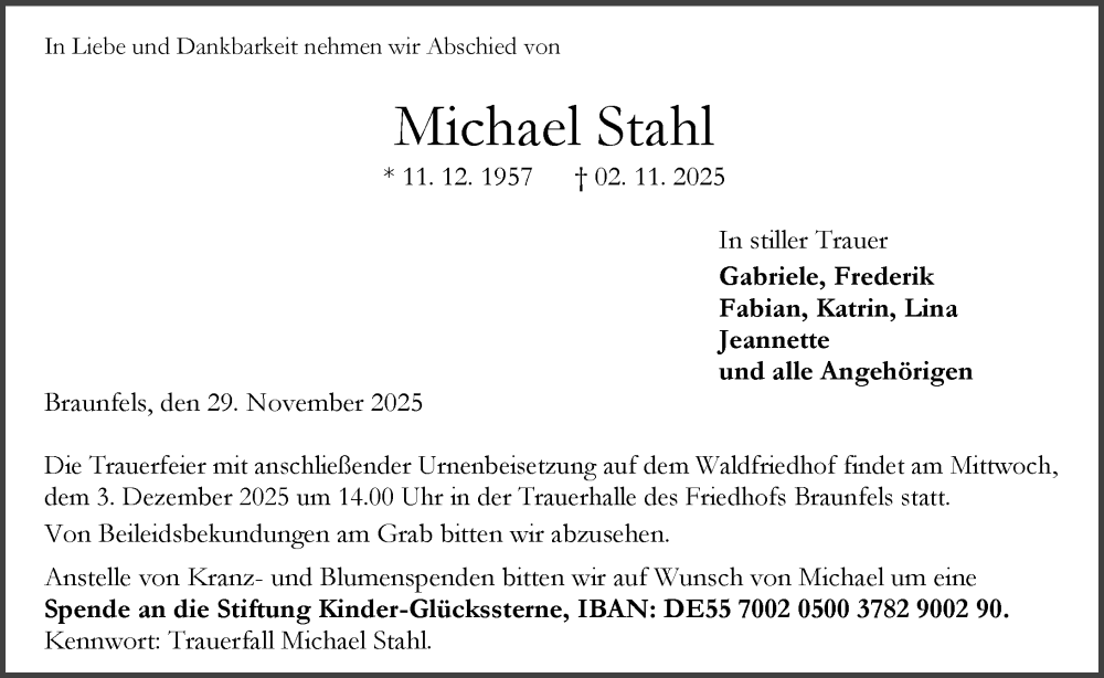  Traueranzeige für Michael Stahl vom 29.11.2025 aus Wetzlarer Neue Zeitung
