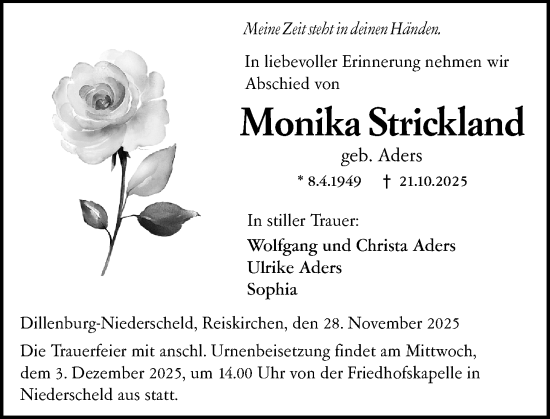 Traueranzeige von Monika Strickland von Dill Block