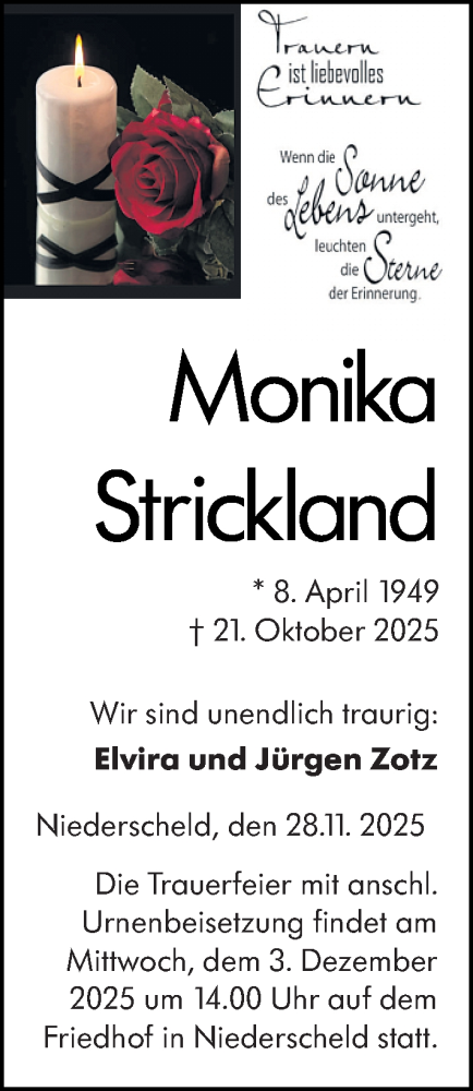 Traueranzeige von Monika Strickland von Dill Block