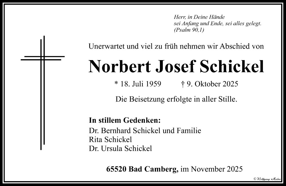  Traueranzeige für Norbert Josef Schickel vom 15.11.2025 aus Nassauische Neue Presse
