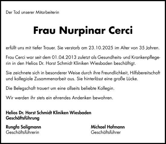 Traueranzeige von Nurpinar Cerci von Wiesbadener Kurier