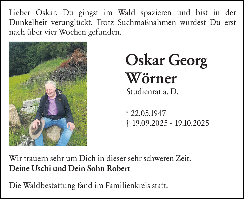  Traueranzeige für Oskar Georg Wörner vom 15.11.2025 aus Starkenburger Echo