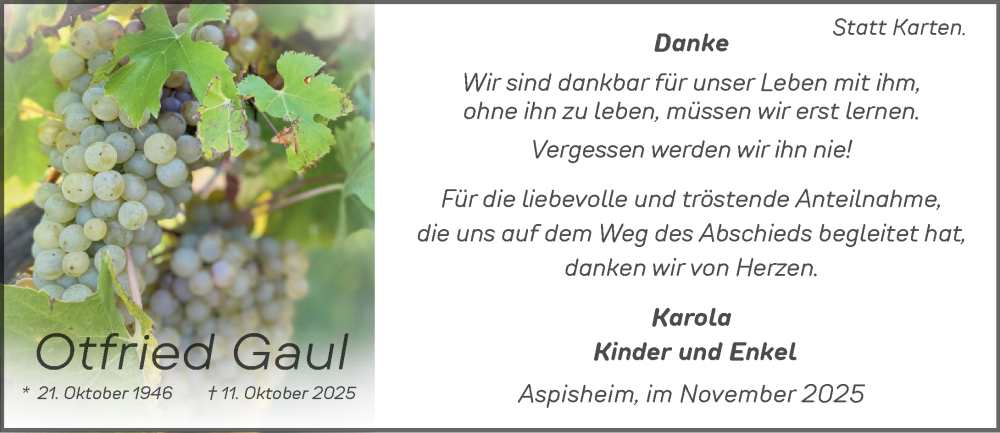  Traueranzeige für Otfried Gaul vom 15.11.2025 aus Allgemeine Zeitung Rheinhessen-Nahe