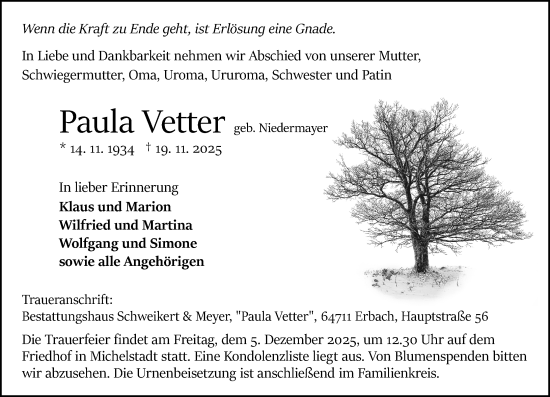 Traueranzeige von Paula Vetter von Odenwälder Echo