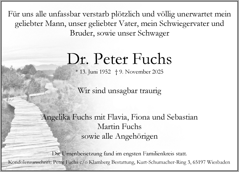  Traueranzeige für Peter Fuchs vom 22.11.2025 aus Wiesbadener Kurier