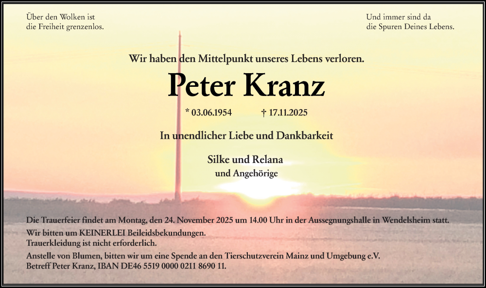  Traueranzeige für Peter Kranz vom 20.11.2025 aus Allgemeine Zeitung Alzey