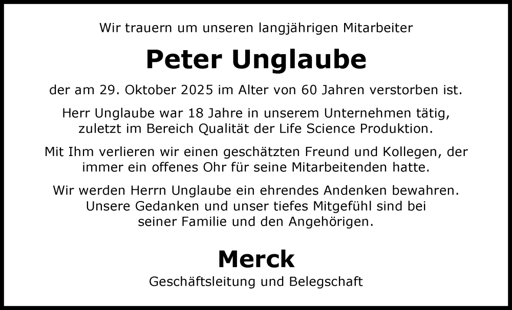  Traueranzeige für Peter Unglaube vom 15.11.2025 aus Darmstädter Echo