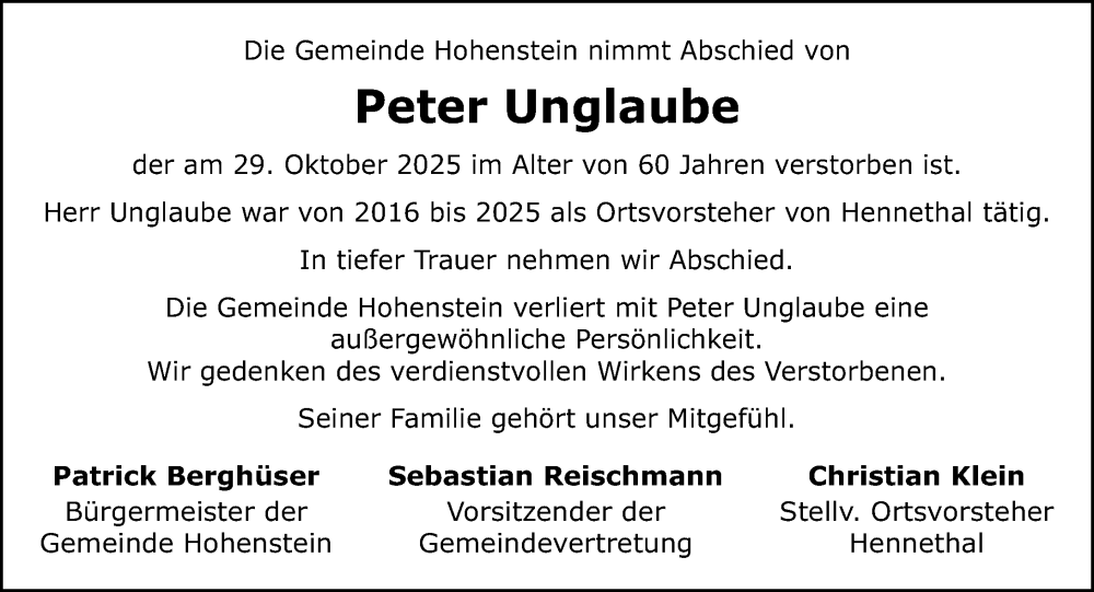  Traueranzeige für Peter Unglaube vom 08.11.2025 aus Idsteiner Land/Untertaunus