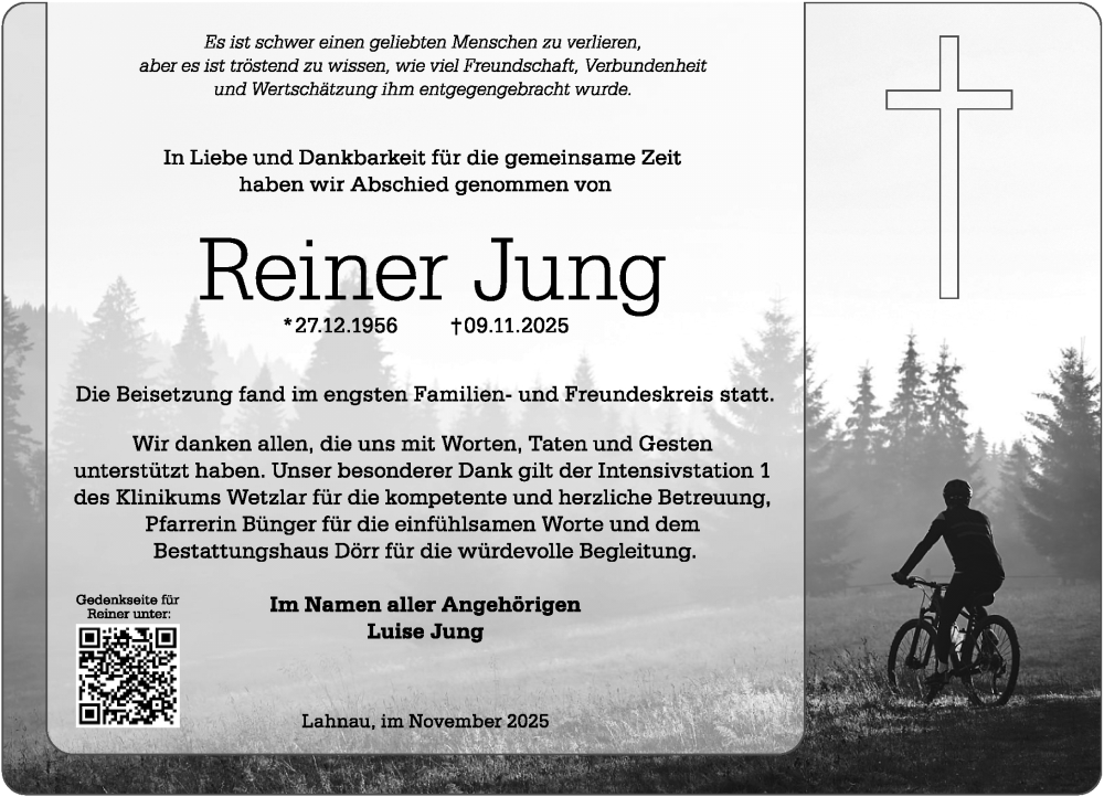  Traueranzeige für Reiner Jung vom 22.11.2025 aus Wetzlarer Neue Zeitung