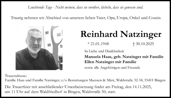 Traueranzeige von Reinhard Natzinger von Allgemeine Zeitung Rheinhessen-Nahe