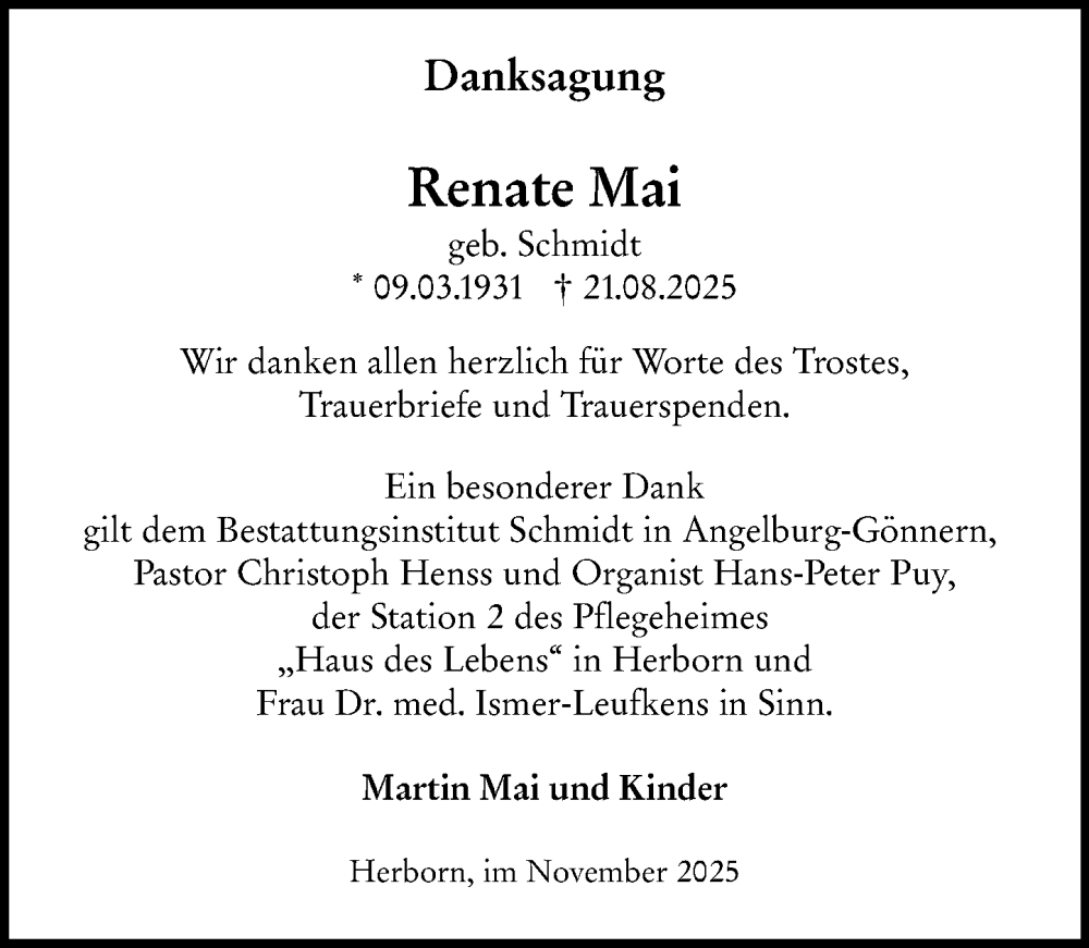  Traueranzeige für Renate Mai vom 15.11.2025 aus Hinterländer Anzeiger