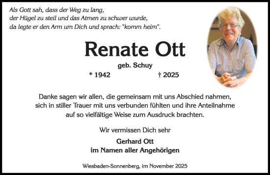 Traueranzeige von Renate Ott von Wiesbadener Kurier