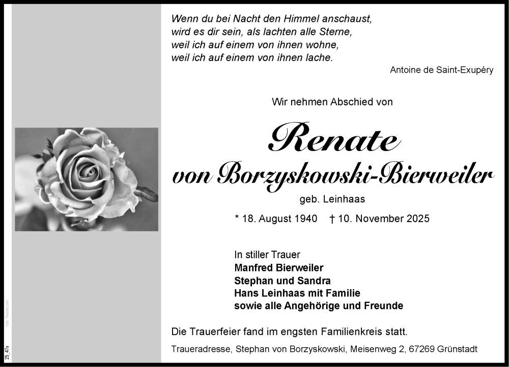  Traueranzeige für Renate von Borzyskowski-Bierweiler vom 26.11.2025 aus Wormser Zeitung