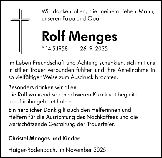 Traueranzeige von Rolf Menges von Dill Block