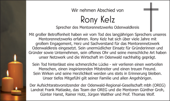 Traueranzeige von Rony Kelz von Odenwälder Echo