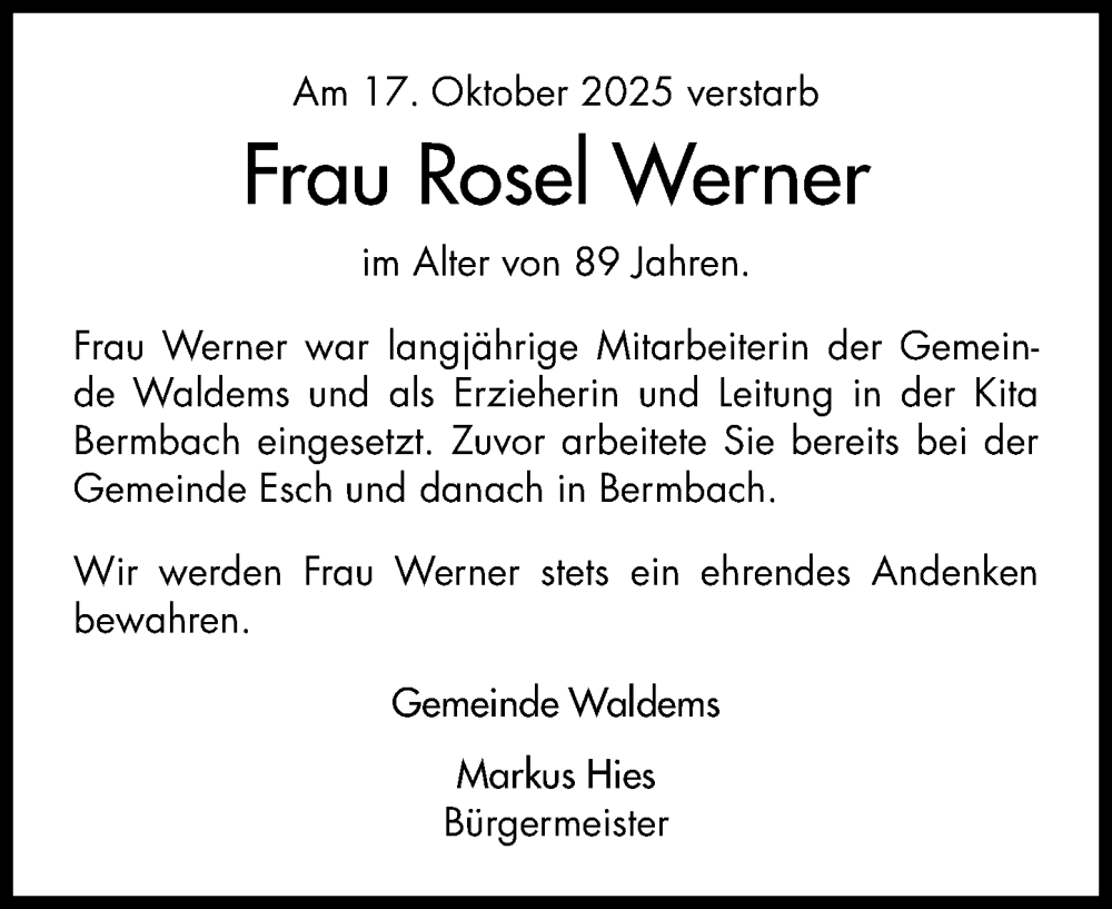 Traueranzeige für Rosel Werner vom 07.11.2025 aus Idsteiner Land/Untertaunus