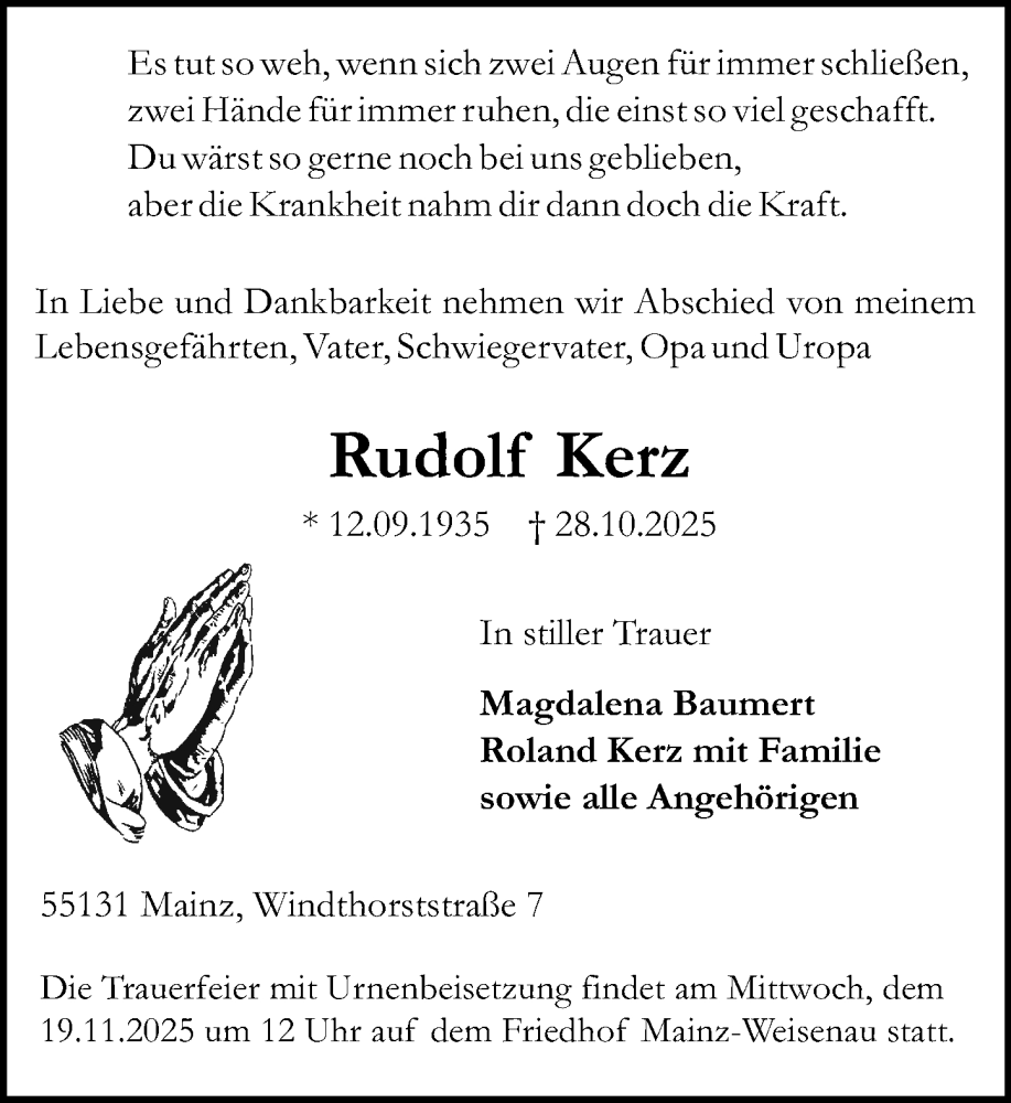  Traueranzeige für Rudolf Kerz vom 15.11.2025 aus Allgemeine Zeitung Mainz