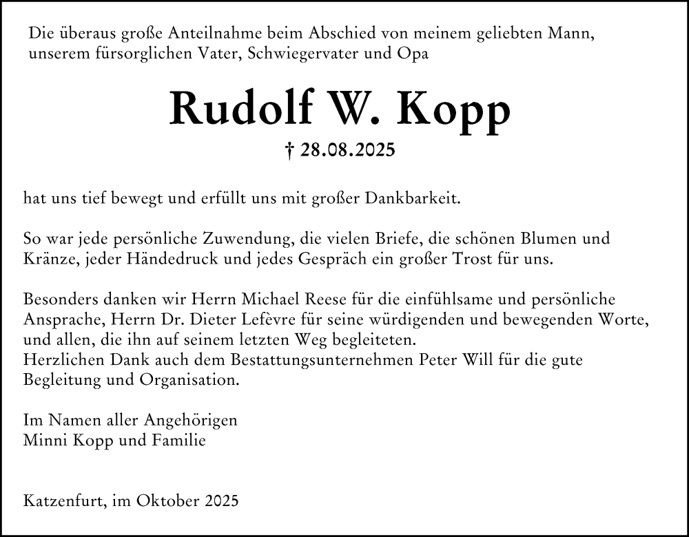 Traueranzeige für Rudolf W. Kopp vom 11.10.2025 aus Dill Block