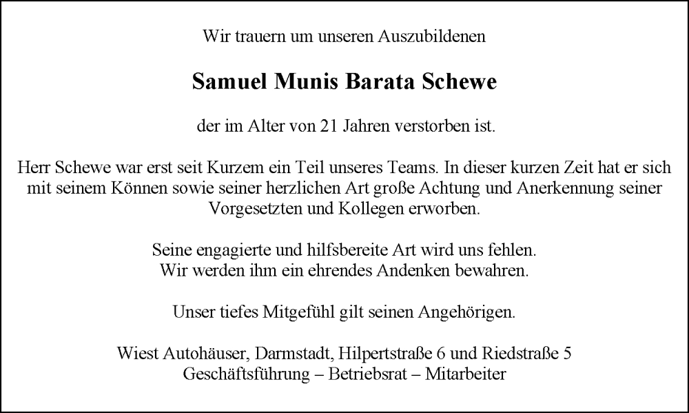  Traueranzeige für Samuel Munis Barata Schewe vom 29.11.2025 aus Darmstädter Echo
