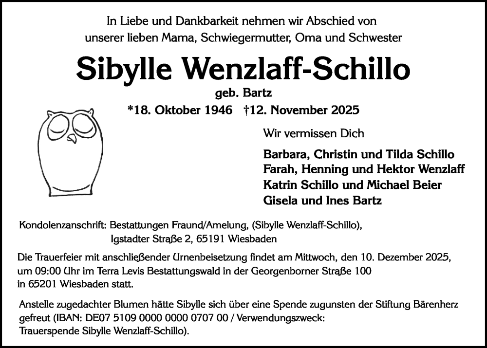  Traueranzeige für Sibylle Wenzlaff-Schillo vom 22.11.2025 aus Wiesbadener Kurier