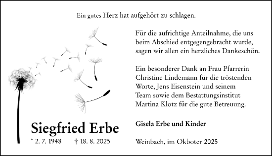 Traueranzeige von Siegfried Erbe von Weilburger Tageblatt