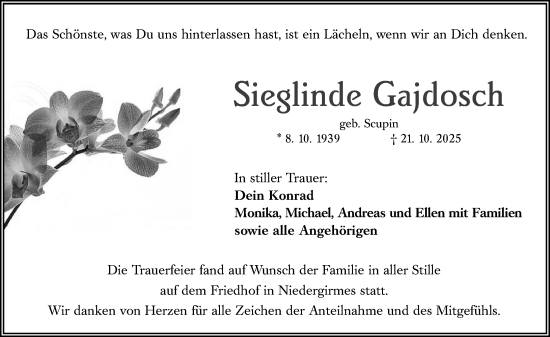 Traueranzeige von Sieglinde Gajdosch von Wetzlarer Neue Zeitung