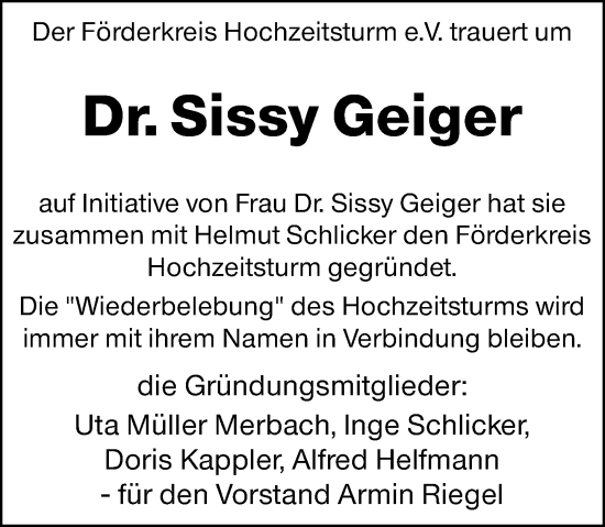 Traueranzeige von Sissy Geiger von Darmstädter Echo