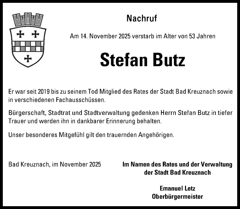  Traueranzeige für Stefan Butz vom 25.11.2025 aus Allgemeine Zeitung Rheinhessen-Nahe