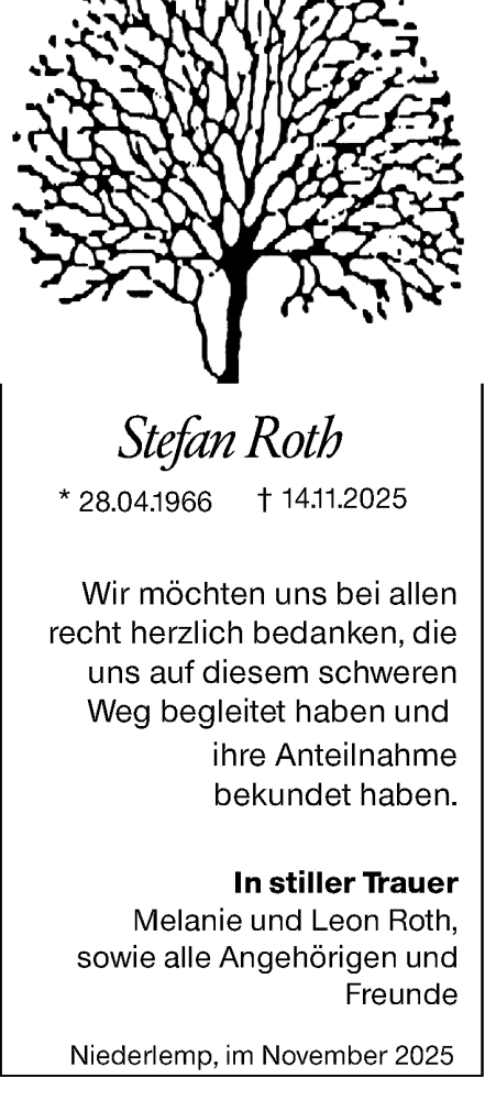  Traueranzeige für Stefan Roth vom 25.11.2025 aus Wetzlarer Neue Zeitung