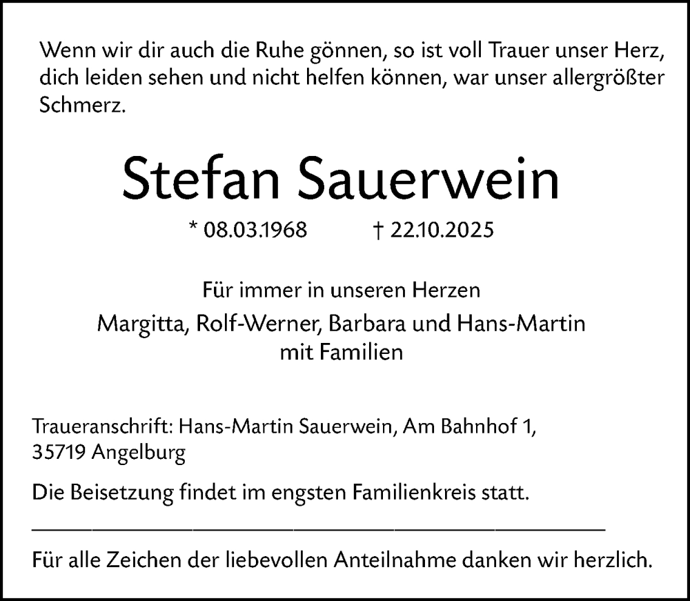  Traueranzeige für Stefan Sauerwein vom 22.11.2025 aus Hinterländer Anzeiger