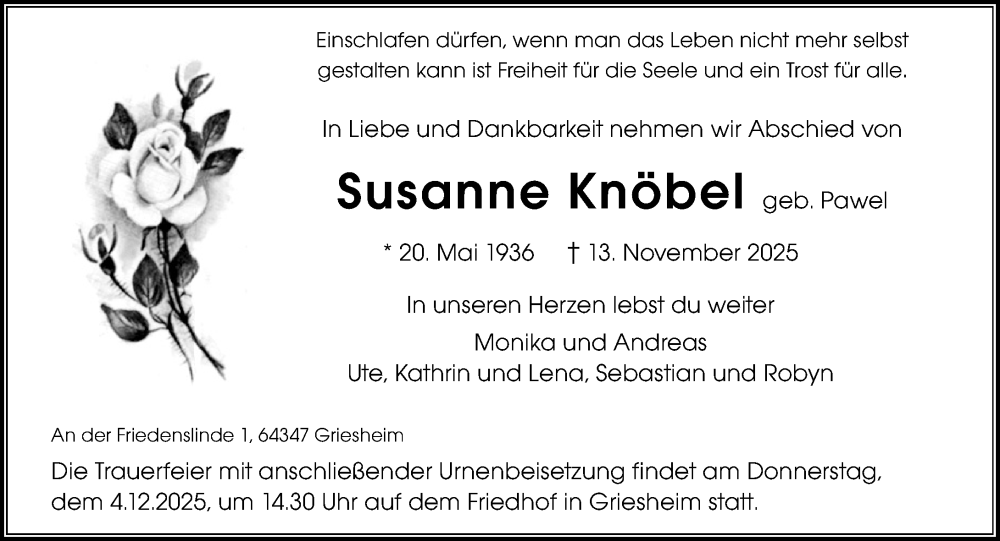  Traueranzeige für Susanne Knöbel vom 29.11.2025 aus Darmstädter Echo
