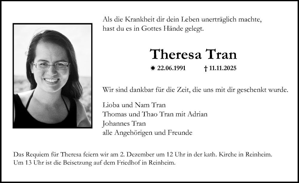  Traueranzeige für Theresa Tran vom 29.11.2025 aus Darmstädter Echo