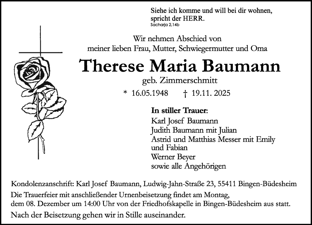  Traueranzeige für Therese Maria Baumann vom 29.11.2025 aus Allgemeine Zeitung Rheinhessen-Nahe