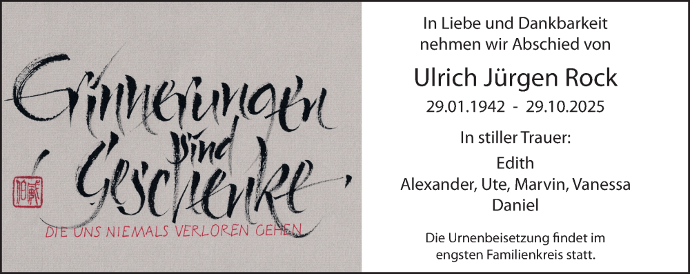  Traueranzeige für Ulrich Jürgen Rock vom 22.11.2025 aus Darmstädter Echo