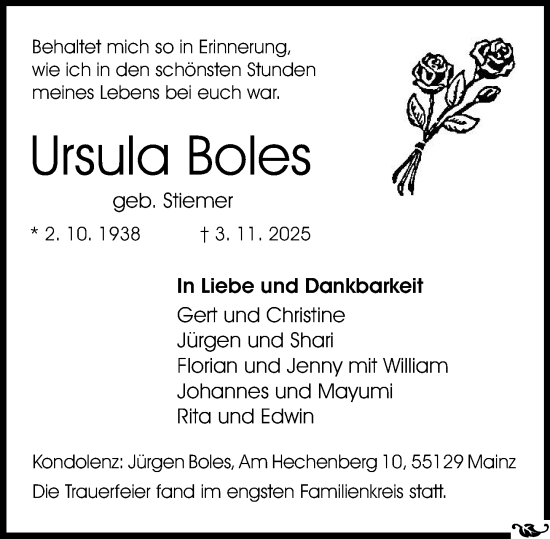 Traueranzeige von Ursula Boles von Allgemeine Zeitung Mainz