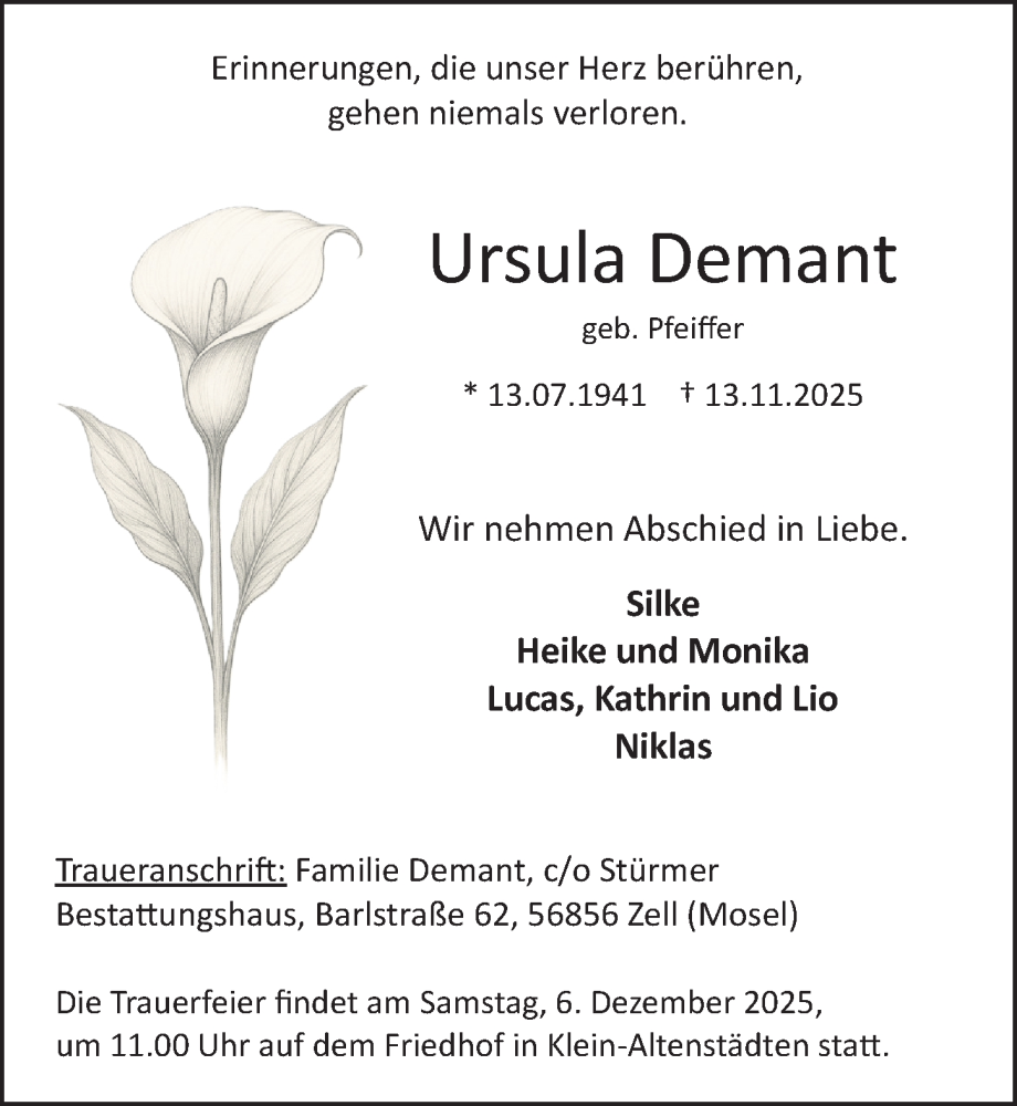  Traueranzeige für Ursula Demant vom 25.11.2025 aus Wetzlarer Neue Zeitung