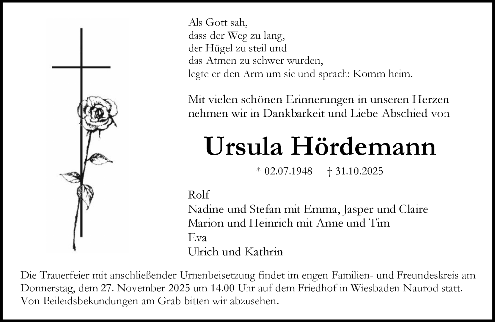  Traueranzeige für Ursula Hördemann vom 15.11.2025 aus Wiesbadener Kurier