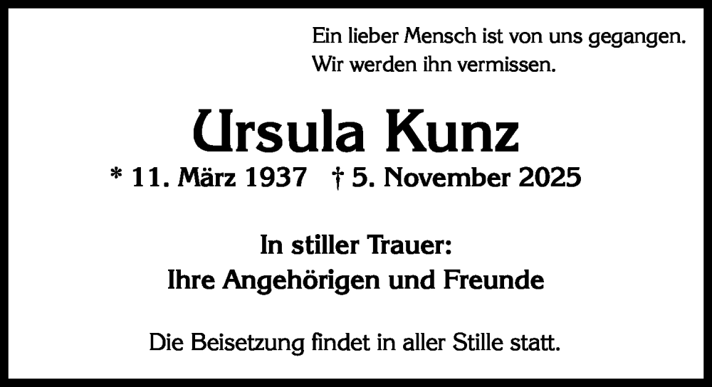  Traueranzeige für Ursula Kunz vom 15.11.2025 aus Wiesbadener Kurier