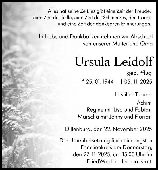 Traueranzeige von Ursula Leidolf von Dill Block