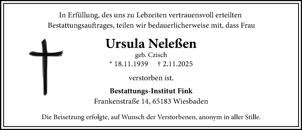  Traueranzeige für Ursula Neleßen vom 29.11.2025 aus Wiesbadener Kurier