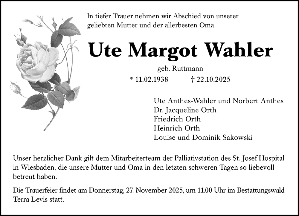  Traueranzeige für Ute Margot Wahler vom 22.11.2025 aus Wiesbadener Kurier