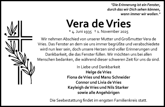 Traueranzeige von Vera de Vries von Wiesbadener Kurier