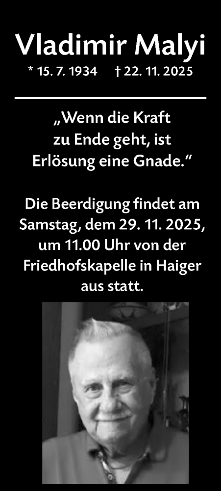  Traueranzeige für Vladimir Malyi vom 27.11.2025 aus Dill Block
