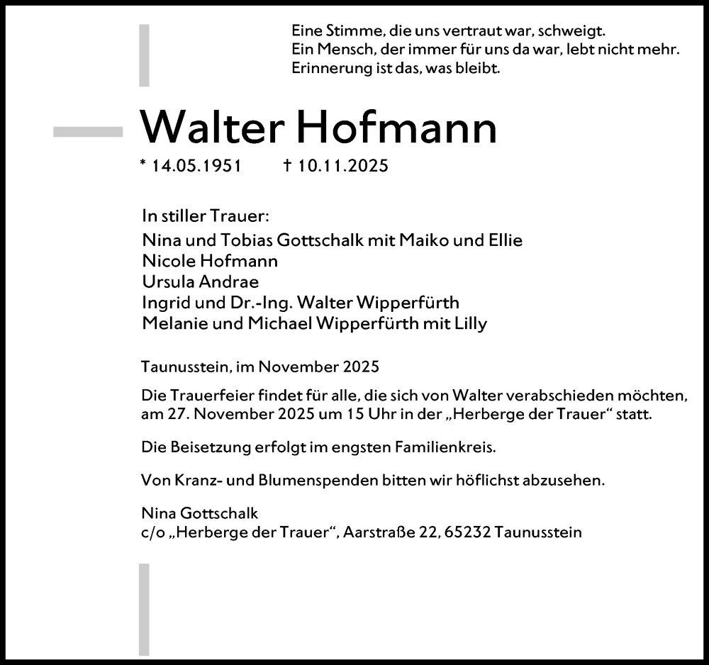  Traueranzeige für Walter Hofmann vom 22.11.2025 aus Wiesbadener Kurier