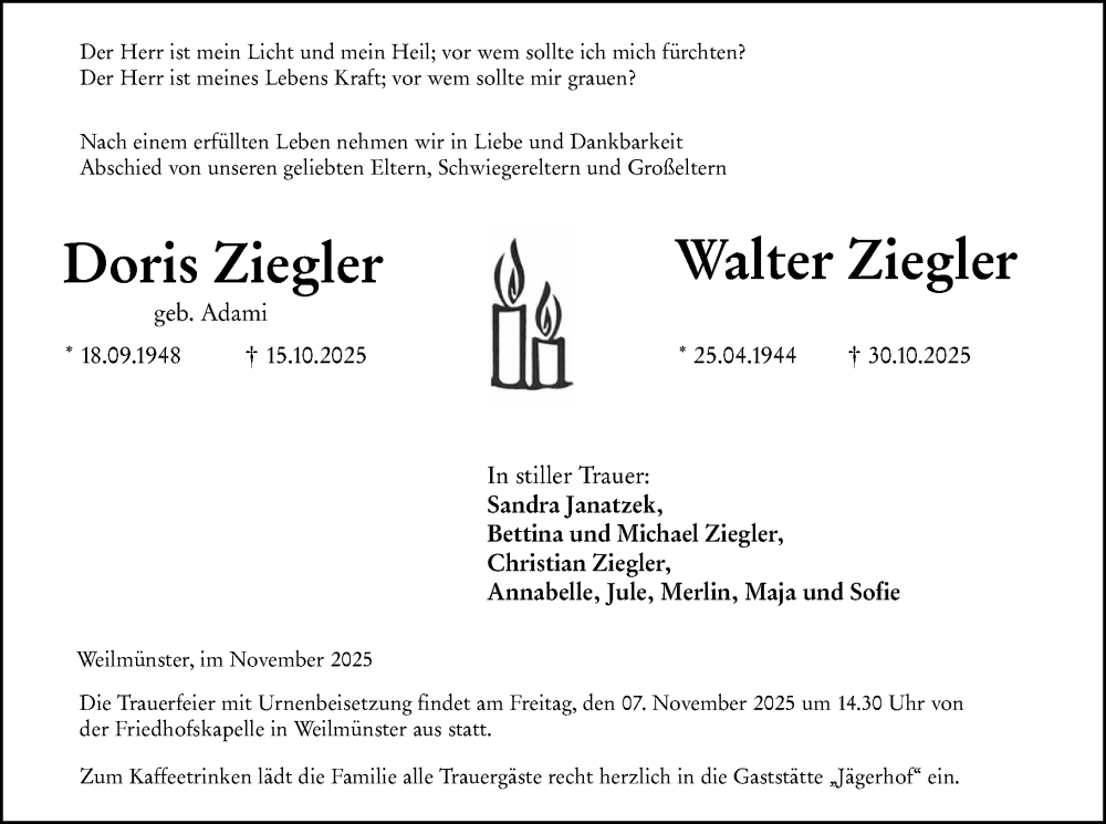  Traueranzeige für Walter Ziegler vom 05.11.2025 aus Weilburger Tageblatt