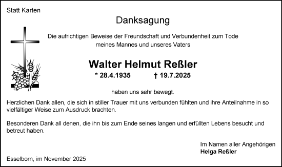 Traueranzeige von Walter Helmut Reßler von Allgemeine Zeitung Alzey